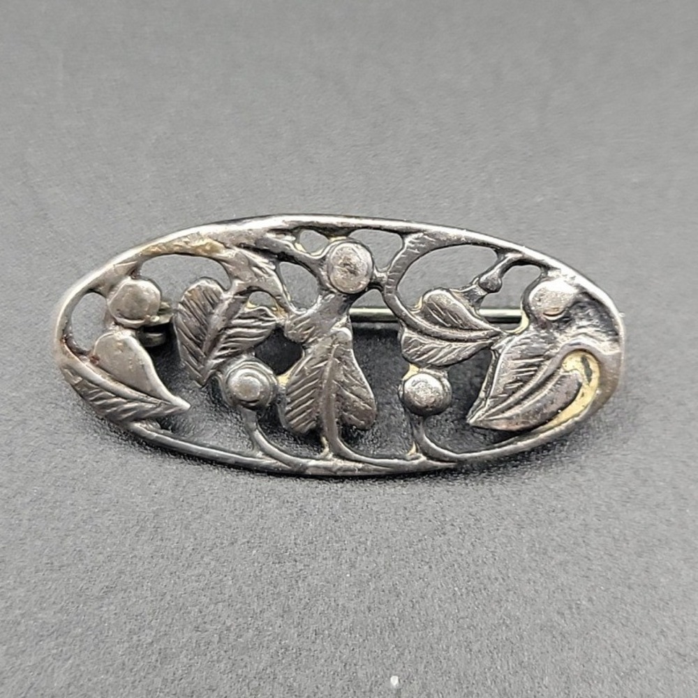 Antique 925 Sterling Silver Openwork Foliate Pin Brooch 1.25" Floral Leaf